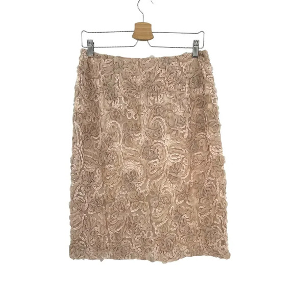 Mikael Aghal Rosette Embroidered Pencil Skirt Cream Beige Blush Size 6